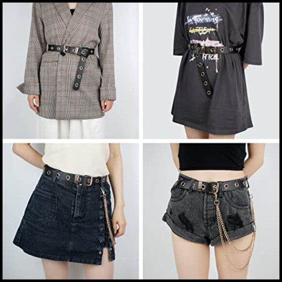PU Leather Grommet Belt with Detachable Chain Punk Style Waist main image 4